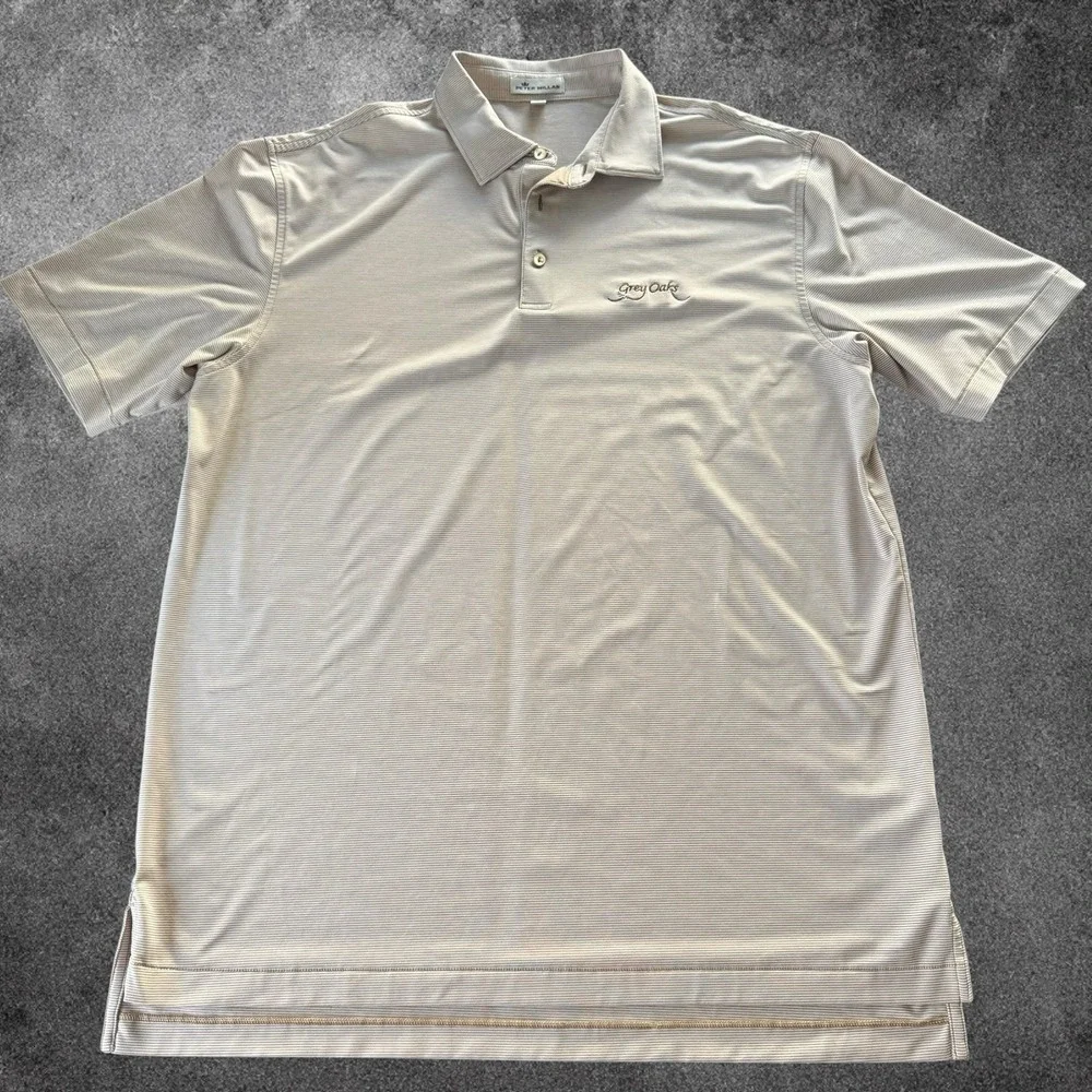 Peter Millar Polo Shirt Men Large Beige Striped Perf Golf Stretch Short Sleeve L